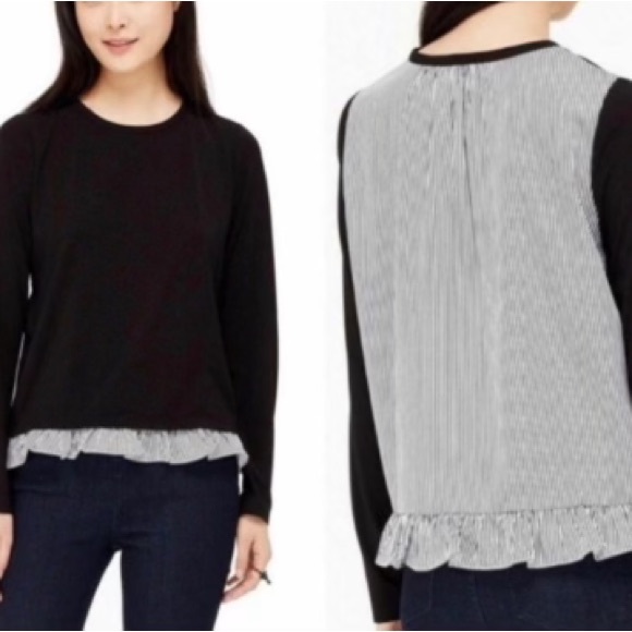Kate Spade Broome Street spring black & white mix media top with ruffle medium - Picture 1 of 11